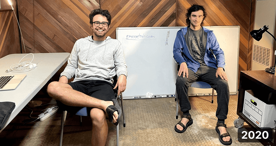 Josh (left) and Noah (right) working out of his garage after we bought the emergetools.com domain